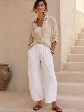 Focus Casual Life 100% Linen White Lantern Leg Pants L Coastal Resort Lagenlook
